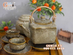 Bộ ấm chén dáng vuông men hỏa biến gấm vàng đầy đủ phụ kiện, 400ml