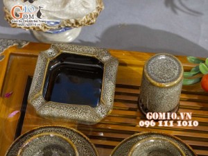 Bộ ấm chén dáng vuông men hỏa biến gấm vàng đầy đủ phụ kiện, 400ml