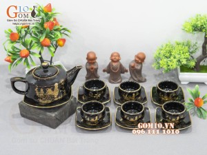 Bộ ấm chén dáng vuông men hỏa biến họa tiết Kim Kê Đại Cát vàng kim, 350ml