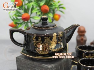 Bộ ấm chén dáng vuông men hỏa biến họa tiết Kim Kê Đại Cát vàng kim, 350ml