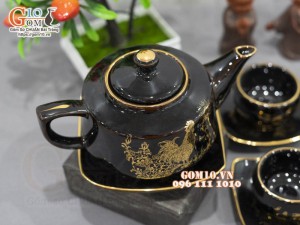 Bộ ấm chén dáng vuông men hỏa biến họa tiết Kim Kê Đại Cát vàng kim, 350ml