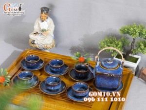 Bộ ấm chén dáng vuông men hỏa biến xanh đá 400ml