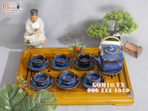 Bộ ấm chén dáng vuông men hỏa biến xanh đá 400ml