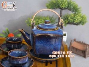 Bộ ấm chén dáng vuông men hỏa biến xanh đá 400ml