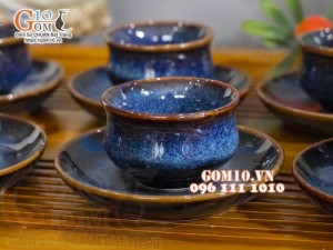 Bộ ấm chén dáng vuông men hỏa biến xanh đá 400ml