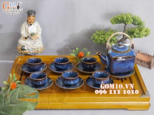 Bộ ấm chén dáng vuông men hỏa biến xanh đá 400ml