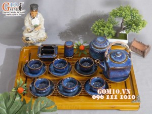 Bộ ấm chén dáng vuông men hỏa biến xanh đá đầy đủ phụ kiện 400ml