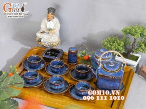 Bộ ấm chén dáng vuông men hỏa biến xanh đá đầy đủ phụ kiện 400ml