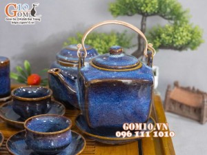 Bộ ấm chén dáng vuông men hỏa biến xanh đá đầy đủ phụ kiện 400ml