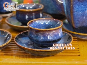 Bộ ấm chén dáng vuông men hỏa biến xanh đá đầy đủ phụ kiện 400ml