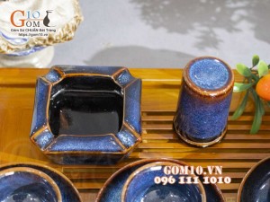 Bộ ấm chén dáng vuông men hỏa biến xanh đá đầy đủ phụ kiện 400ml
