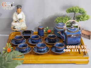 Bộ ấm chén dáng vuông men hỏa biến xanh đá đầy đủ phụ kiện 400ml