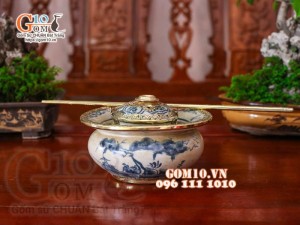 Bộ ấm chén dáng vuông men rạn cổ bọc đồng, cảnh sơn thủy, đầy đủ phụ kiện (gồm khay)
