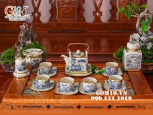 Bộ ấm chén dáng vuông men rạn cổ bọc đồng, cảnh sơn thủy, đầy đủ phụ kiện