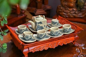 Bộ ấm chén dáng vuông men rạn cổ cảnh sơn thủy, 350ml