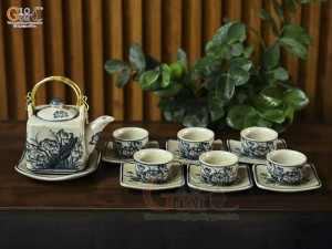 Bộ ấm chén dáng vuông men rạn cổ họa tiết hoa sen, 350ml