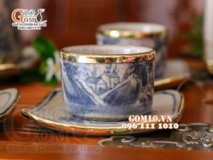 Bộ ấm chén dáng vuông men rạn cổ vẽ sơn thủy, 350ml