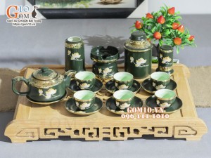 Bộ ấm chén dáng vuông men rêu khắc sen, bọc đồng, đầy đủ phụ kiện 350ml