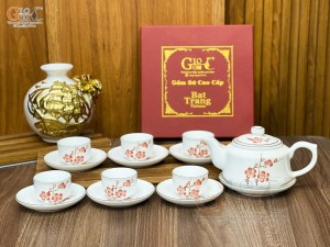 Bộ ấm chén dáng vuông men trắng vẽ hoa đào đỏ, 350ml