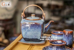 Bộ ấm chén dáng vuông men xanh sóng biển