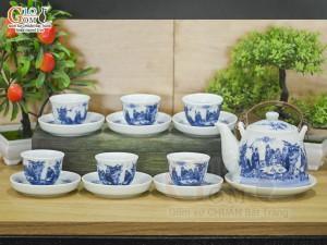 Bộ ấm chén dáng vuốt men lam cổ cảnh trúc lâm thất hiền 350ml