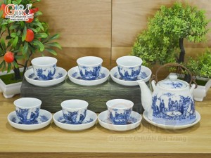 Bộ ấm chén dáng vuốt men lam cổ cảnh trúc lâm thất hiền 350ml