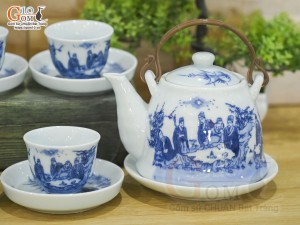 Bộ ấm chén dáng vuốt men lam cổ cảnh trúc lâm thất hiền 350ml