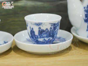 Bộ ấm chén dáng vuốt men lam cổ cảnh trúc lâm thất hiền 350ml