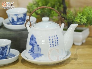 Bộ ấm chén dáng vuốt men lam cổ cảnh trúc lâm thất hiền 350ml