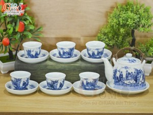 Bộ ấm chén dáng vuốt men lam cổ cảnh trúc lâm thất hiền 350ml