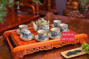 Bộ ấm chén dáng vuốt men rạn giả cổ bọc đồng 300ml