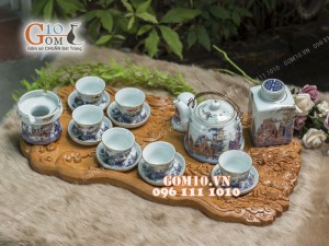 Bộ ấm chén dáng vuốt men rong cổ họa tiết Trúc Lâm Thất Hiền 350ml, đầy đủ phụ kiện - vẽ Vàng 24k