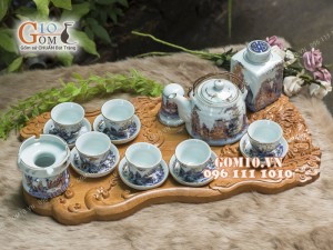 Bộ ấm chén dáng vuốt men rong cổ họa tiết Trúc Lâm Thất Hiền 350ml, đầy đủ phụ kiện - vẽ Vàng 24k