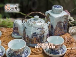 Bộ ấm chén dáng vuốt men rong cổ họa tiết Trúc Lâm Thất Hiền 350ml, đầy đủ phụ kiện - vẽ Vàng 24k