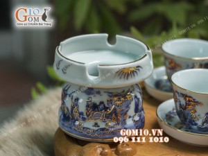 Bộ ấm chén dáng vuốt men rong cổ họa tiết Trúc Lâm Thất Hiền 350ml, đầy đủ phụ kiện - vẽ Vàng 24k