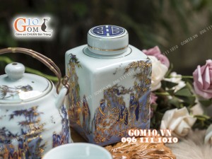Bộ ấm chén dáng vuốt men rong cổ họa tiết Trúc Lâm Thất Hiền 350ml, đầy đủ phụ kiện - vẽ Vàng 24k