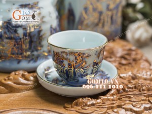 Bộ ấm chén dáng vuốt men rong cổ họa tiết Trúc Lâm Thất Hiền 350ml, đầy đủ phụ kiện - vẽ Vàng 24k