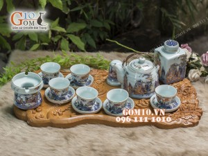 Bộ ấm chén dáng vuốt men rong cổ họa tiết Trúc Lâm Thất Hiền 350ml, đầy đủ phụ kiện - vẽ Vàng 24k