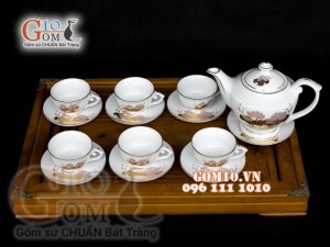 Bộ ấm chén đèn thần men trắng họa tiết Sen - vẽ vàng