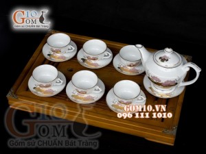 Bộ ấm chén đèn thần men trắng họa tiết Sen - vẽ vàng