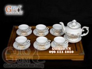 Bộ ấm chén phú quý men trắng họa tiết Thuận Buồm Xuôi Gió - vẽ vàng