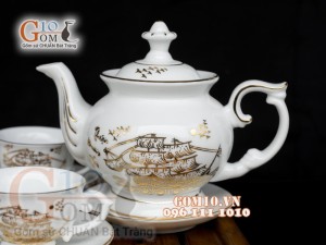 Bộ ấm chén phú quý men trắng họa tiết Thuận Buồm Xuôi Gió - vẽ vàng