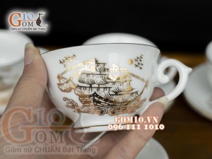 Bộ ấm chén phú quý men trắng họa tiết Thuận Buồm Xuôi Gió - vẽ vàng
