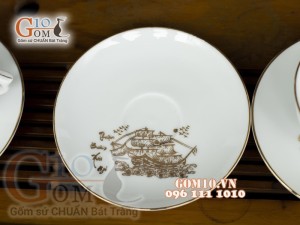 Bộ ấm chén phú quý men trắng họa tiết Thuận Buồm Xuôi Gió - vẽ vàng