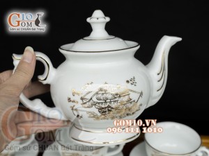 Bộ ấm chén phú quý men trắng họa tiết Thuận Buồm Xuôi Gió - vẽ vàng