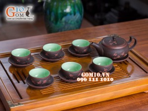 Bộ ấm chén dáng dẹt gốm hồng sa, khắc hoa anh đào, 300ml