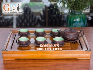 Bộ ấm chén dáng dẹt gốm hồng sa, khắc hoa anh đào, 300ml