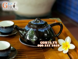 Bộ ấm chén dẹt hỏa biến thiên thanh CỐT GỐM