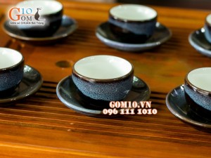Bộ ấm chén dẹt hỏa biến thiên thanh CỐT GỐM