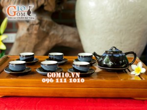 Bộ ấm chén dẹt hỏa biến thiên thanh CỐT GỐM
